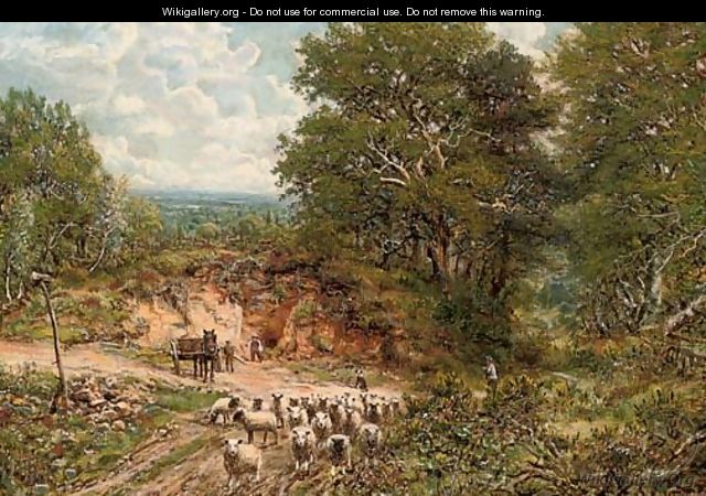 A shepherd and his flock on a country road - George William Mote