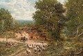 A shepherd and his flock on a country road - George William Mote