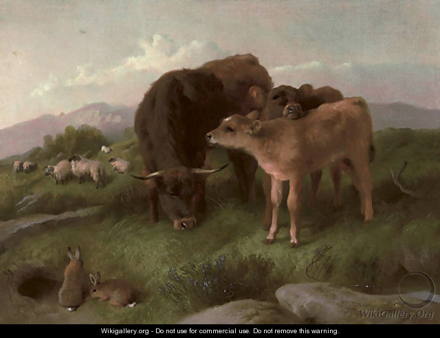 Cattle, sheep and rabbits on a hillside - George W. Horlor