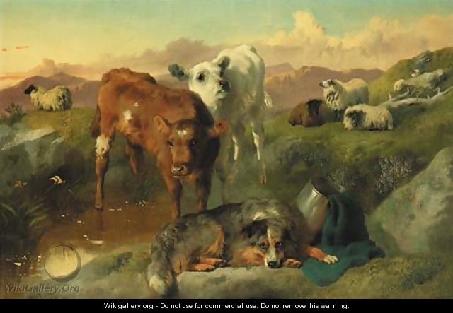 Calves and black-faced ewes with a sheepdog - George W. Horlor