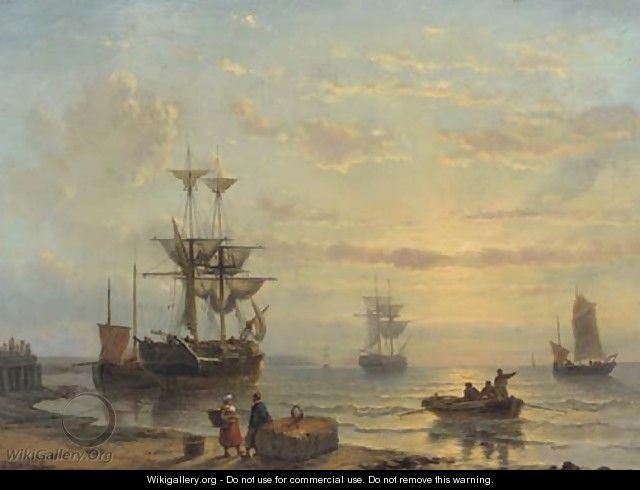 Shipping in a quiet bay at sunset - George Willem Opdenhoff
