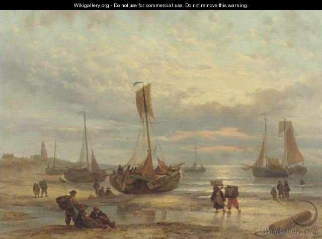 Fishing vessels on the beach at sunset, Scheveningen - George Willem Opdenhoff