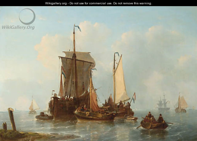 A vis hoeker and other Dutch fishing ships riding at anchor - George Willem Opdenhoff