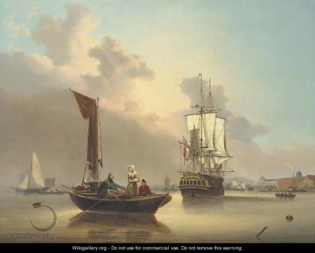 A frigate at anchor amidst local craft, including a doble, on the Medway - George Webster