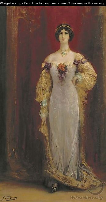 Portrait of Cleo de Merode (1874-1965), small full-length, in a lilac and yellow dress - Georges Jules Victor Clairin