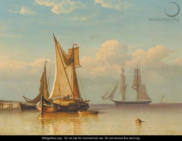 A hay-barge unloading, a Dutch frigat in the distance - Georges Johannes Hoffmann