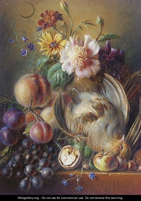 Partridge, prunes, peaches, grapes and flowers in a vase on a ledge - George Jacobus Johannes Van Os