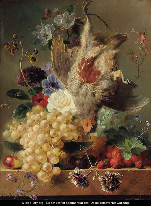 Grapes, strawberries, chestnuts, an apple and flowers with game on a marble ledge - George Jacobus Johannes Van Os