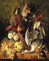 A still life of a heron, a cockerel, a partridge, grapes, a melon and flowers on a ledge - George Jacobus Johannes Van Os