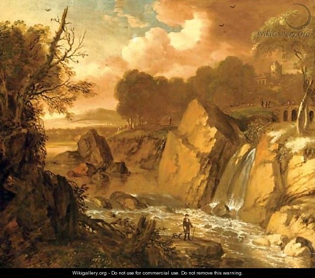 A traveler on a path by a waterfall in an Italianate landscape, a fortress beyond - George Richmond