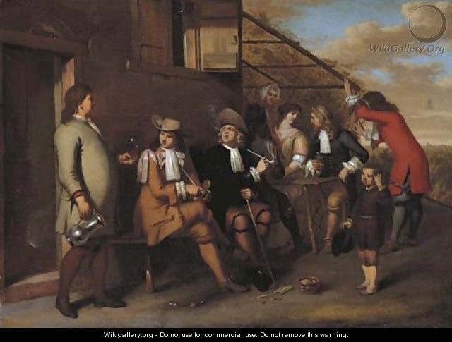Elegant company smoking and drinking outside an inn - Gerard Hoet