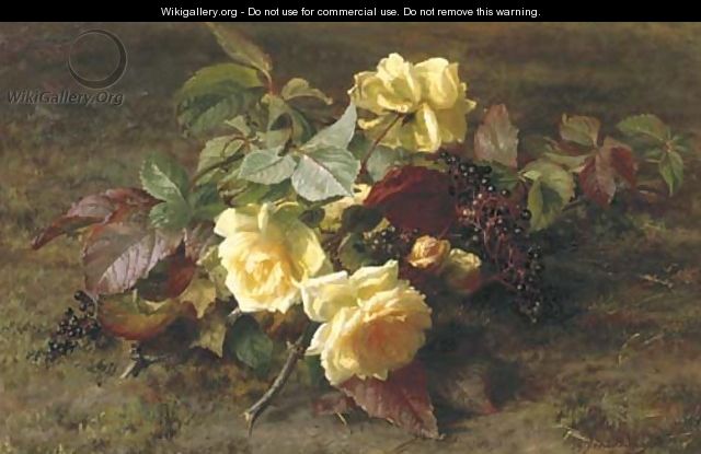 Yellow roses and elderberries on a forest floor - Geraldine Jacoba Van De Sande Bakhuyzen