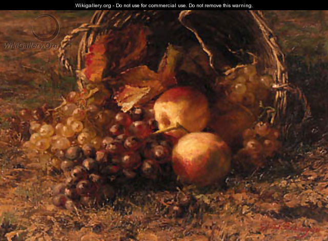 Grapes and apples in an overturned basket on a forest floor - Geraldine Jacoba Van De Sande Bakhuyzen