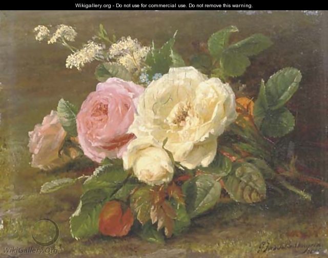 A bunch of pink and white roses - Geraldine Jacoba Van De Sande Bakhuyzen