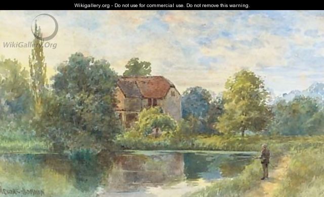 Fly-fishing before a watermill - George Parsons Norman