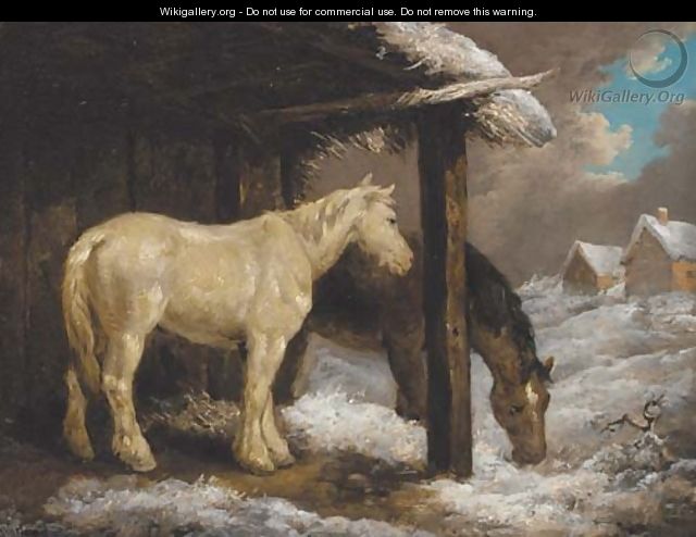 Ponies by a byre in a winter landscape - George Morland