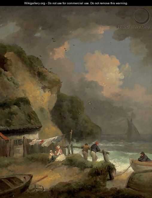 A rocky coast with fishermen by a cottage - George Morland