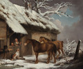 A Winter Landscape Two horses and a spaniel outside a cottage - George Morland