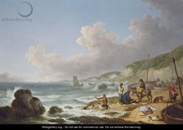 A view of Gurnhards Bay, near Cowes, Isle of Wight, with fisherfolk on the shore - George Morland