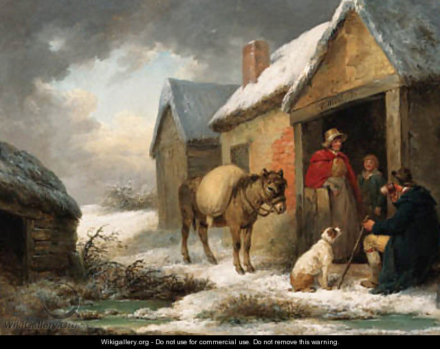 A traveller taking refreshment outside a cottage in winter - George Morland