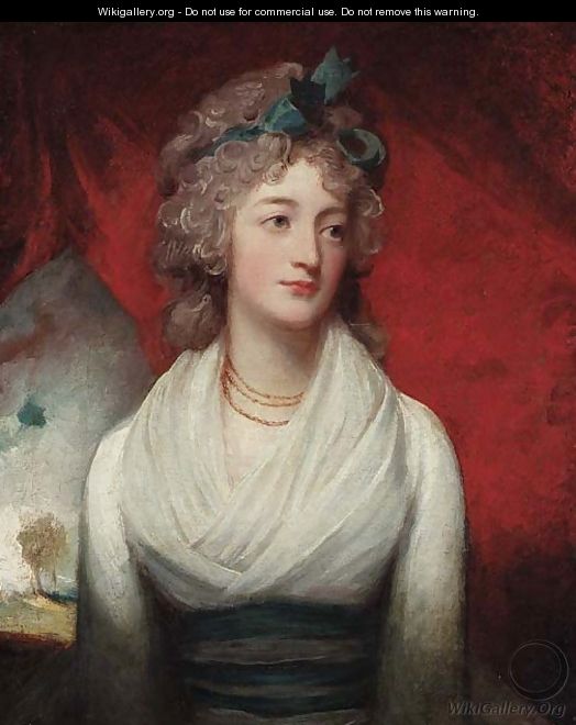 Portrait of Miss Jean Drummond, half-length, in a white dress and with a blue ribbon in her hair, before a red curtain, a landscape beyond - George Romney