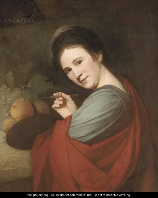 Portrait of Mary Moser, R.A. (1744-1819), half-length, holding a palette and brush, before fruit on a ledge - George Romney