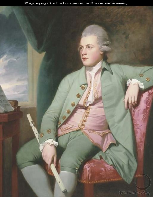 Portrait of Francis Lind, three-quarter-length, seated before a music stand on a pink chair, in a powdered wig, a green coat - George Romney