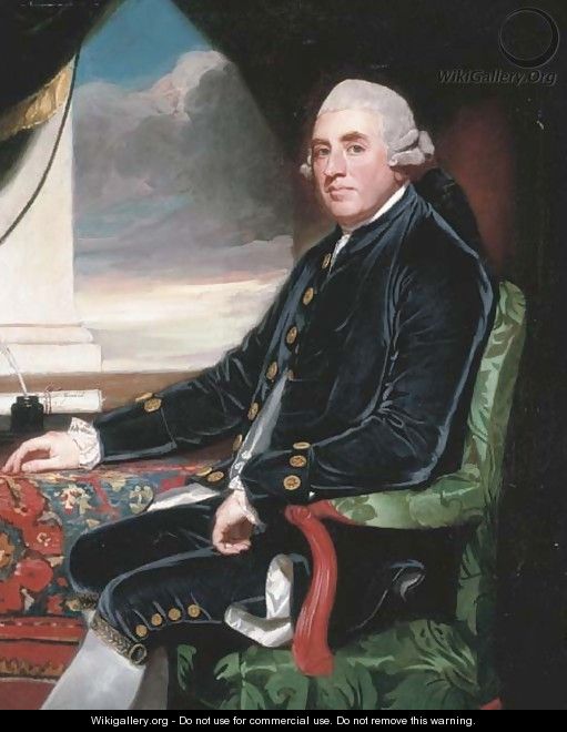 Portrait of Barry Maxwell, 1st Earl Farnham, seated three-quarter- length, wearing a blue velvet suit with gold buttons and white lace cuffs - George Romney