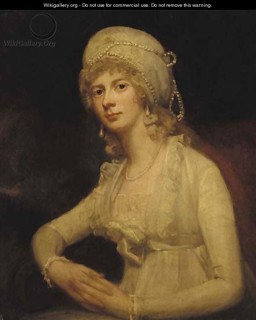Portrait of a lady, seated half-length, in a white dress and white pearl-trimmed cap - George Romney