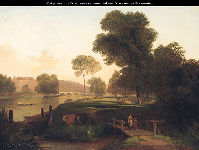 Figures in a Meadow with Richmond Bridge beyond - George Pettitt