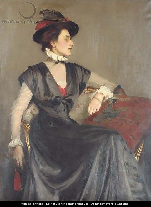 Portrait of Monica Boyd, three-quarter-length, seated in a black dress and red-feathered hat - George Spencer Watson