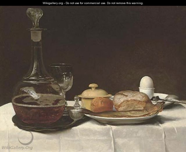 Still life with bread, a kipper, an egg and a decanter of ale on a table with a white linen table-cloth - George, of Chichester Smith