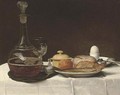 Still life with bread, a kipper, an egg and a decanter of ale on a table with a white linen table-cloth - George, of Chichester Smith