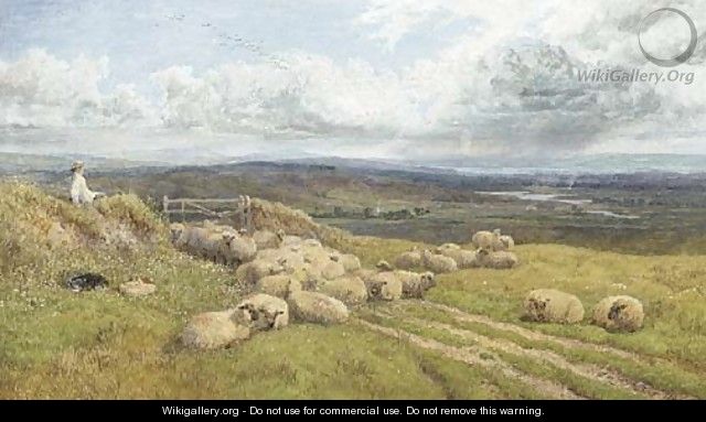 A shepherd and his flock in a meadow - George Shalders