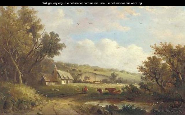 Cattle and figures before a cottage - George Vincent
