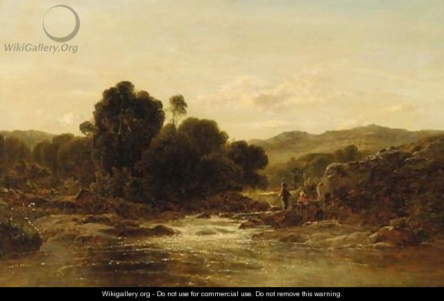 An angler in a rocky river landscape - George Vicat Cole