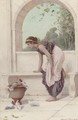 A classical maiden on a terrace with doves and pigeons - Henry Ryland