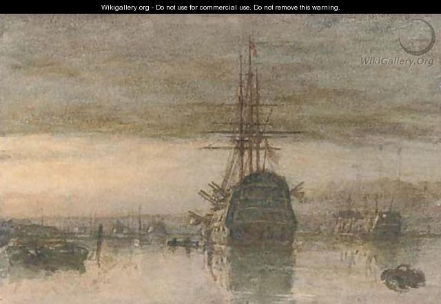 A Third Rate and a hulk lying in Portsmouth Harbour at dusk - Henry Robert Robertson
