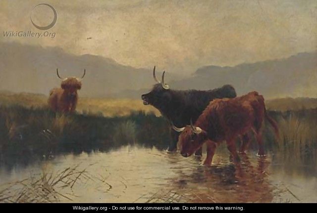 Cattle watering in a Highland landscape - Henry R. Hall