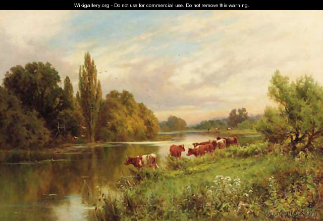 Cattle watering by a tranquil river - Henry Hillier Parker