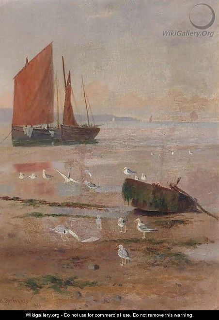 Seagulls on beach at low tide with fishing boats on the shore - Henry Spernon Tozer