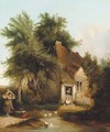 Figures before a cottage in a wooded landscape - Henry John Boddington