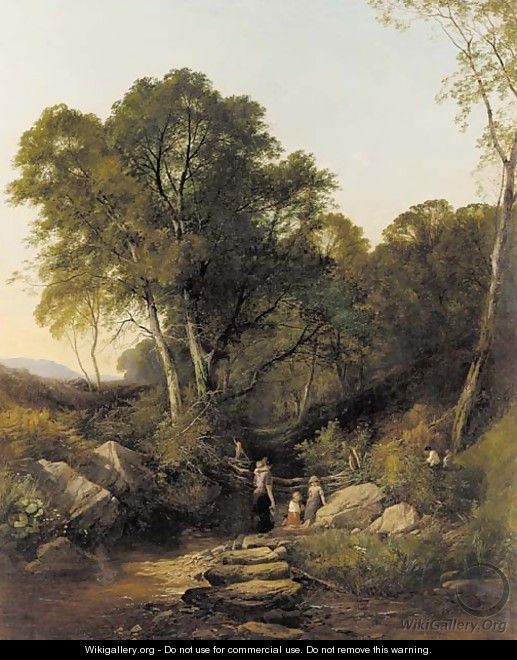 Family gathering water in a wooded landscape - Henry John Boddington