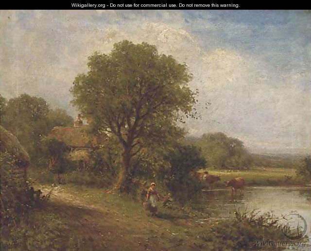 A young woman by a pool with cattle watering and a cottage beyond - Henry Maidment