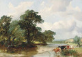 Cattle watering in a wooded river landscape - Henry Jutsum