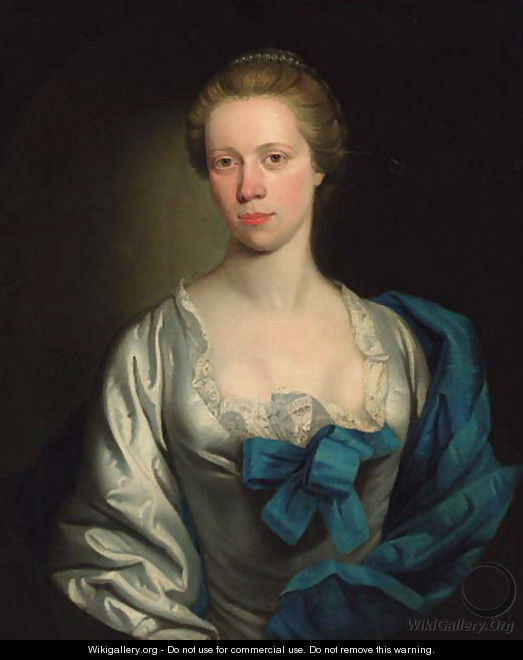 Portrait of a lady, half-length, in a white dress trimmed with lace, with a blue shawl, feigned oval - Henry Pickering