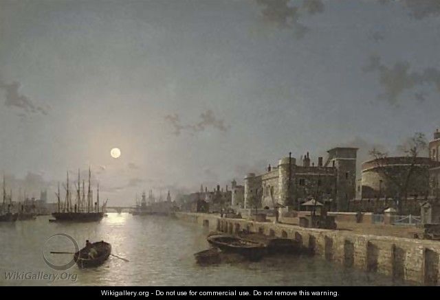 View of the Thames by moonlight, towards London Bridge, with the Tower of London and Traitors