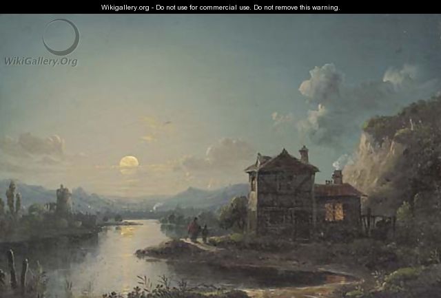 Figures by a cottage in a moonlit river landscape - Henry Pether