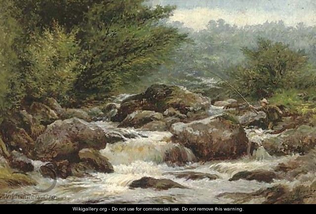 An angler on the rocks of Dulyn - Henry Measham