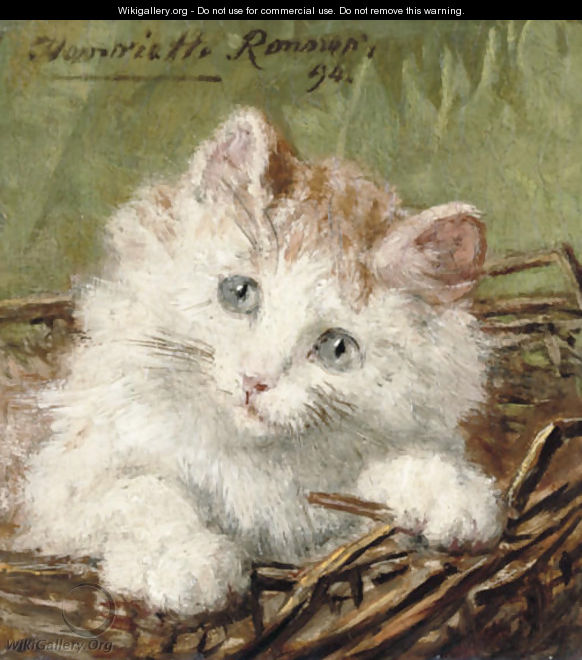 White kitten in a basket - Henriette Ronner-Knip